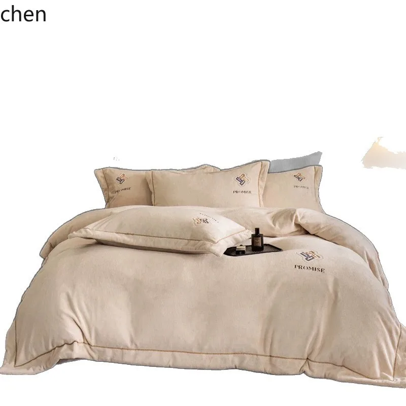 YFY Autumn and Winter Thickened Warm Milk Velvet Four-Piece Set Double-Sided  Anti-Static High-End Solid  Soft Duvet  Bedding