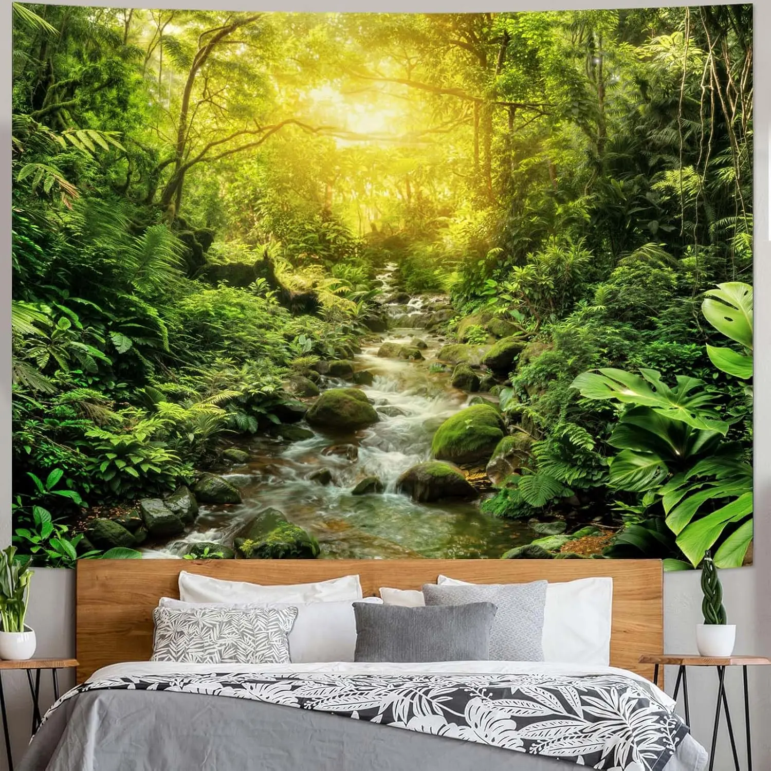 Lush Tropical Forest Stream Tapestry Wall Hanging Boho Greenery Nature Backdrop Decor Aesthetic Jungle Waterfall Room Accent Dec