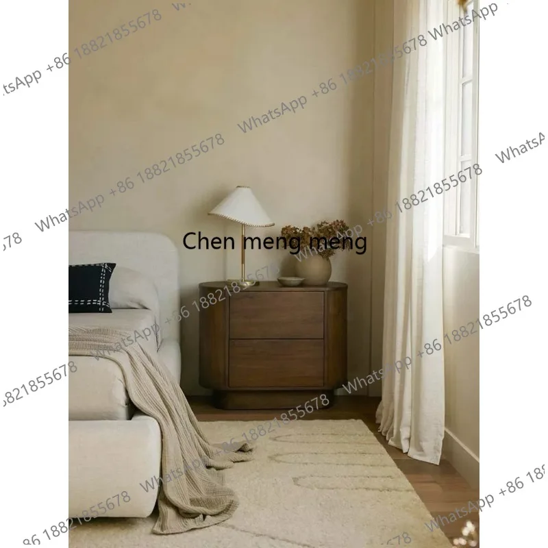 Q178 Medieval bedside table Round solid wood bucket cabinet White wax wood oval special-shaped design cabinet