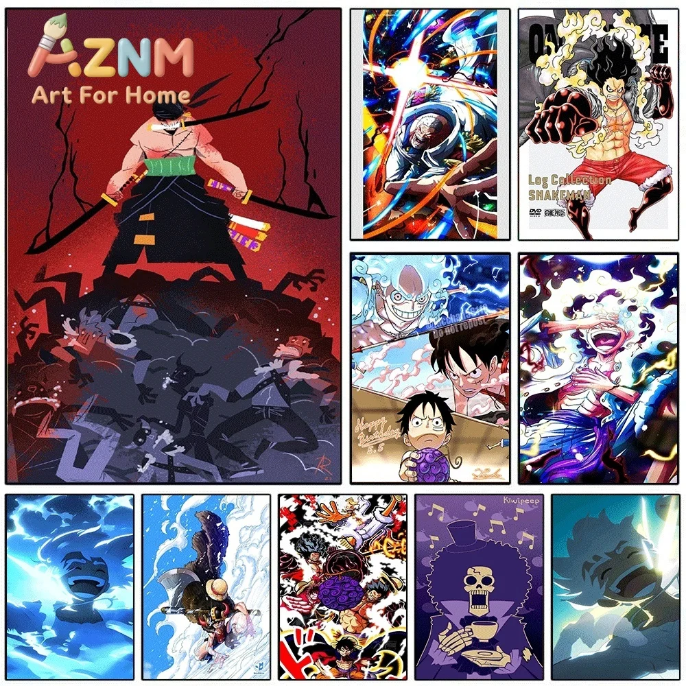 One Piece Roronoa Zoro Three‑Sword Style Luffy Gear 5 Anime Frameless Canvas Wall Art Poster Home Bedroom Living Room Decor Ar