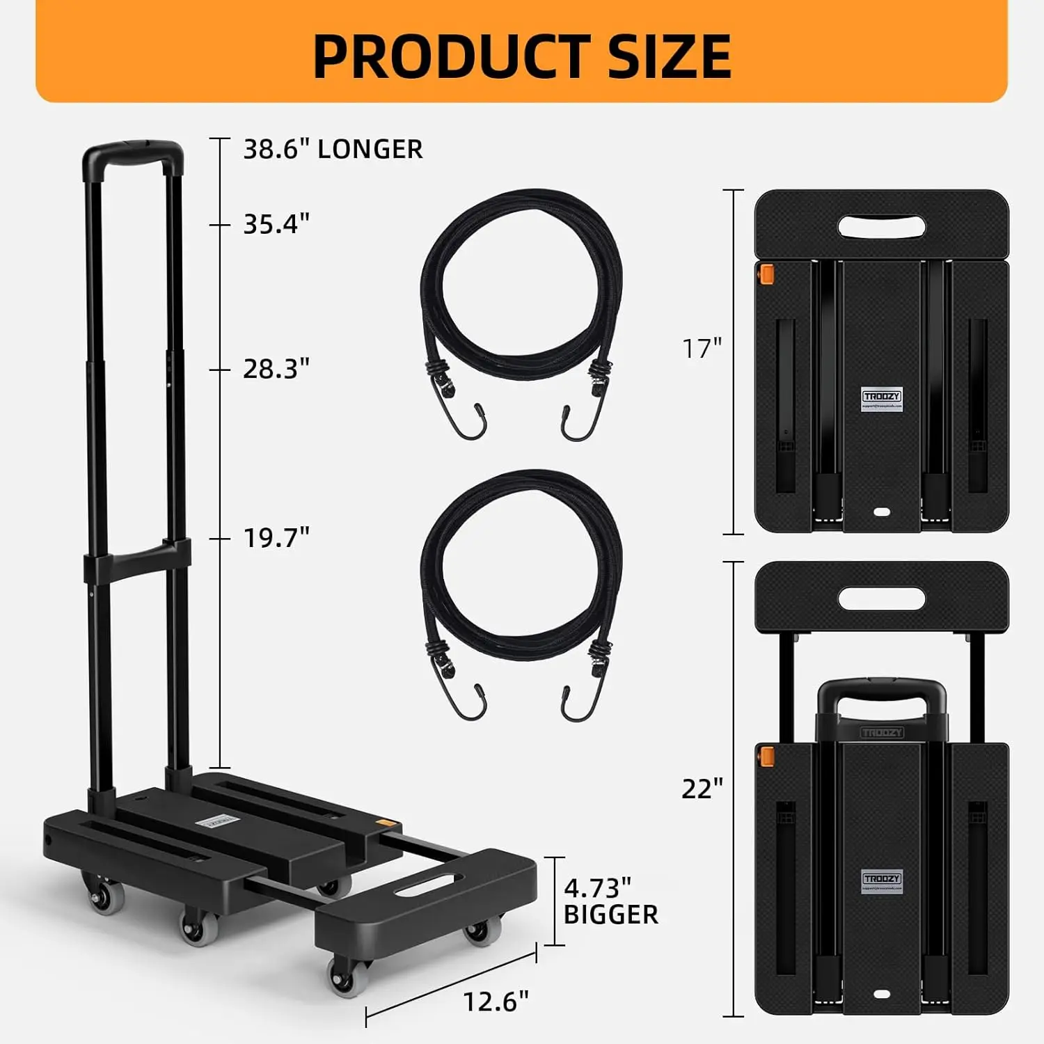 Folding Hand Trucks, Heavy Duty Dolly Cart with 6 Wheels & 2 Elastic Ropes, Foldable & Ideal for Luggage
