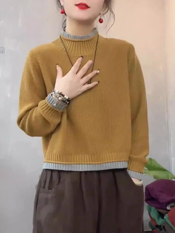 

Желтый вязаный свитер свободного кроя с длинными рукавами для женщин больших размеров, осенне-зимний, имитация двухслойности, топ для полных женщин