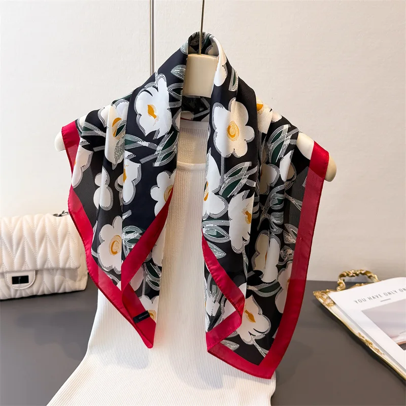 Fashion Luxury Brand 70cm Floral Print Square Scarf Women Ne