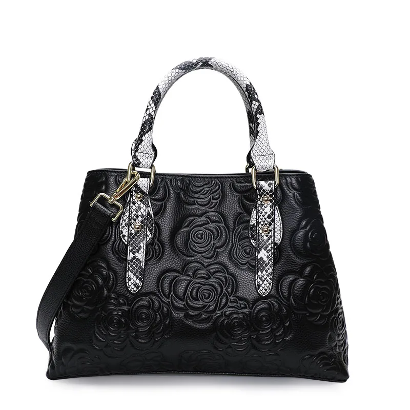 Aidrani  Genuine leather women\'s handbag，Flower pattern, black cowhide large bag