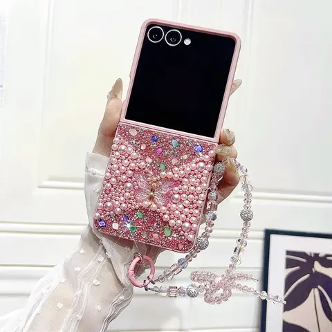 PER Samsung Galaxy Z Flip 7 6 5 4 Flip6 Flip7 FE Custodia per telefono con cinturino a farfalla bling Cover posteriore rigida antiurto