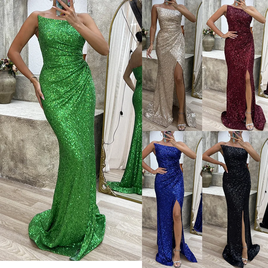 Women's Casual Zipper Split Dress Sparkling Party Dress mid Waist H Version Polyester Fabric No Sleeve Cleanfit Style