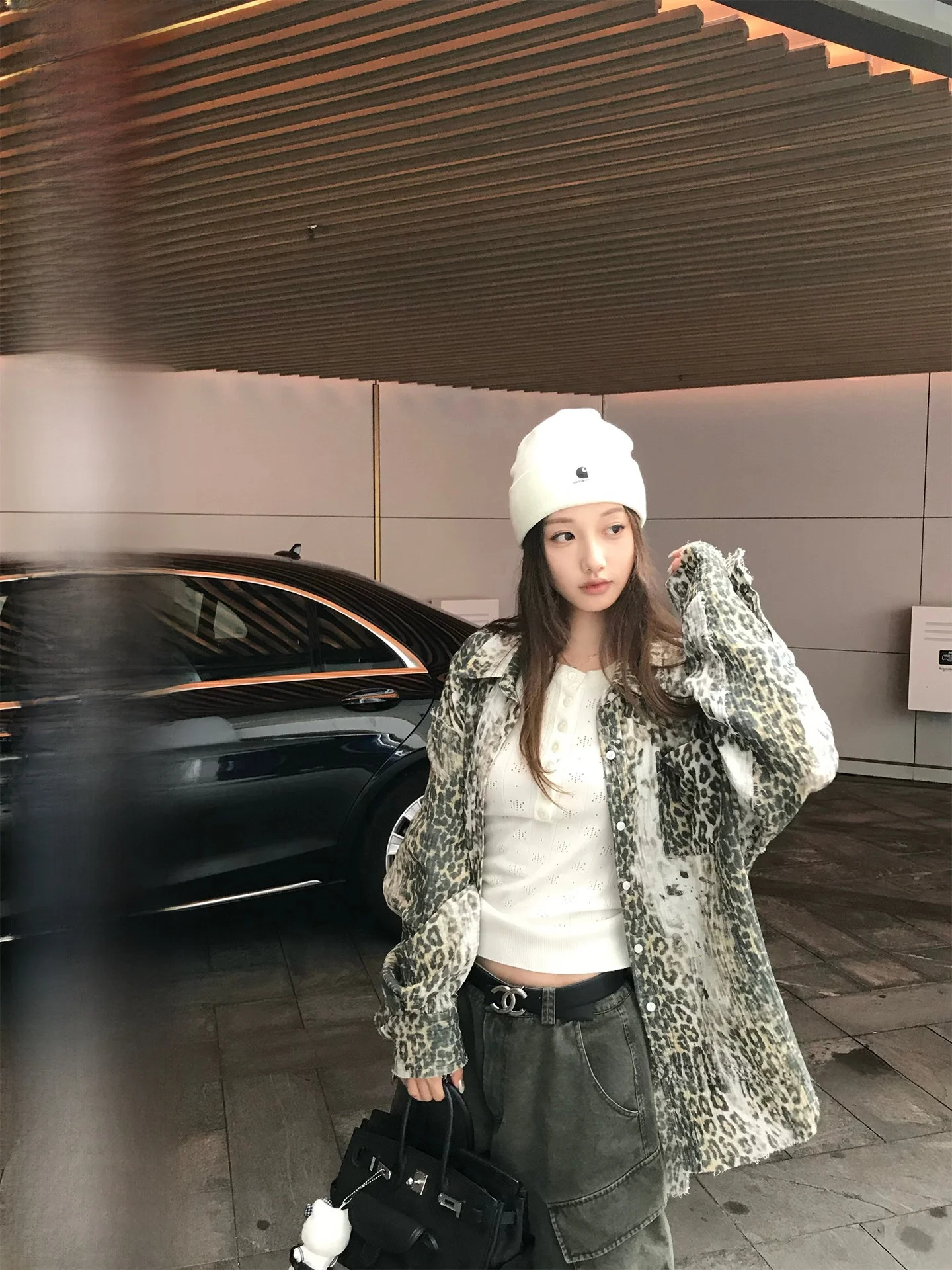 

Cotton Leopard Print irt Jaet Women's Korean Sle Loose Fit Long Sve Warmth Autumn Faion Outerwear B25B25083