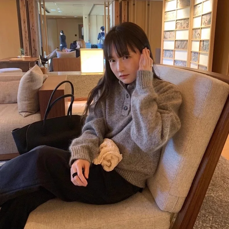 

Loose High Collar Long Sve Knitted Sweater f Button Versatile Casual Winter Faion Korean Sle Women's Top