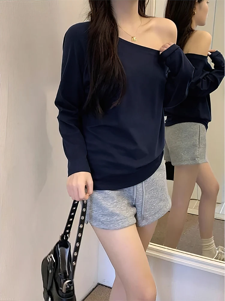 Customization Off The Shoulder Long Sleeve T Shirt Women Spring Autumn Loose Sexy One Shoulder Top Lady Casual Basic Tees School