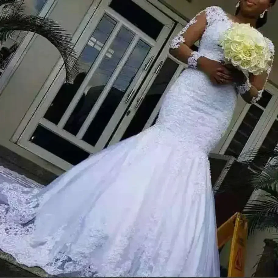 맞춤 제작된 단정한 레이스 아플리케 웨딩드레스, 베스티도 데 노이바, 스윕 트레인 롱 슬리브 머메이드 빈티지 브라이덜 가운