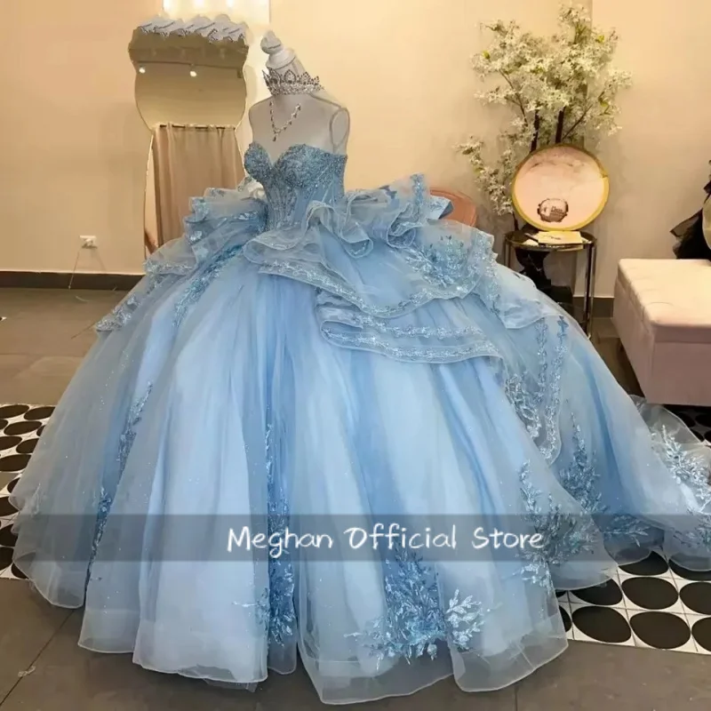 فساتين Quinceanera باللون الأزرق الفاتح فساتين Quinceanera من Vestidos De 15 Anos XV دانتيل لحفلات أعياد الميلاد الرسمية حسب الطلب #3