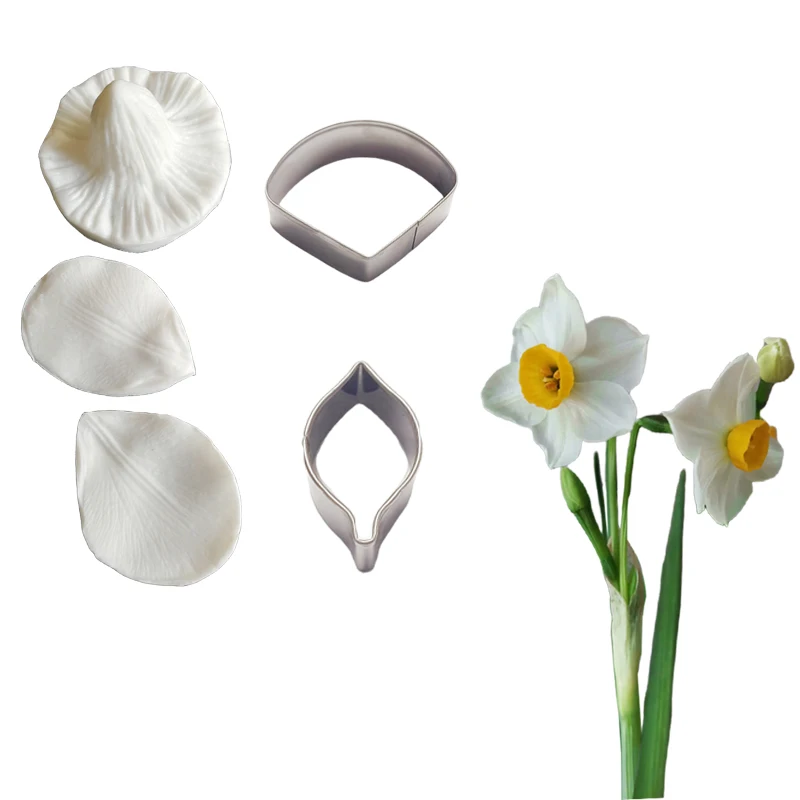 Veias e cortadores de flores de narciso, moldes de silicone para chocolate, papel de açúcar, argila de polímero, formas de cozimento, acessórios de ferramentas de cozinha