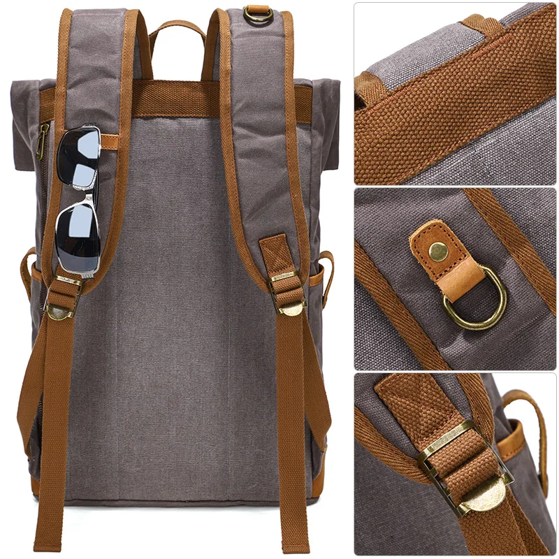 Waterproof Waxed Canvas Leather Mens Camping Backpack Travel Roll Top Rucksack 16 inch Laptop Bag Vintage Students School Bags