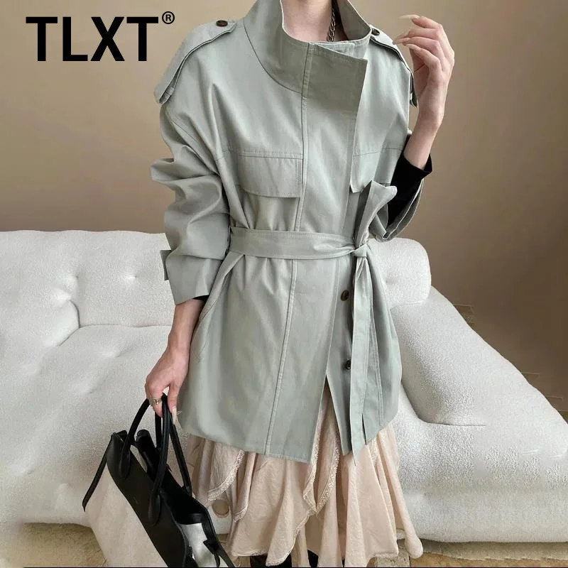 

TLXT Fashion Women's French Style Stand Neck Trench Coat Solid Belt Gathered Waist Office Lady Windbreaker 2025 Autumn New