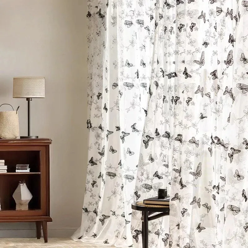 

Custom Size Fashion Luxury European Vintage Black ButterflyWavy Trim Curtains for Living Room Bedroom Dining Tulle White Tulle