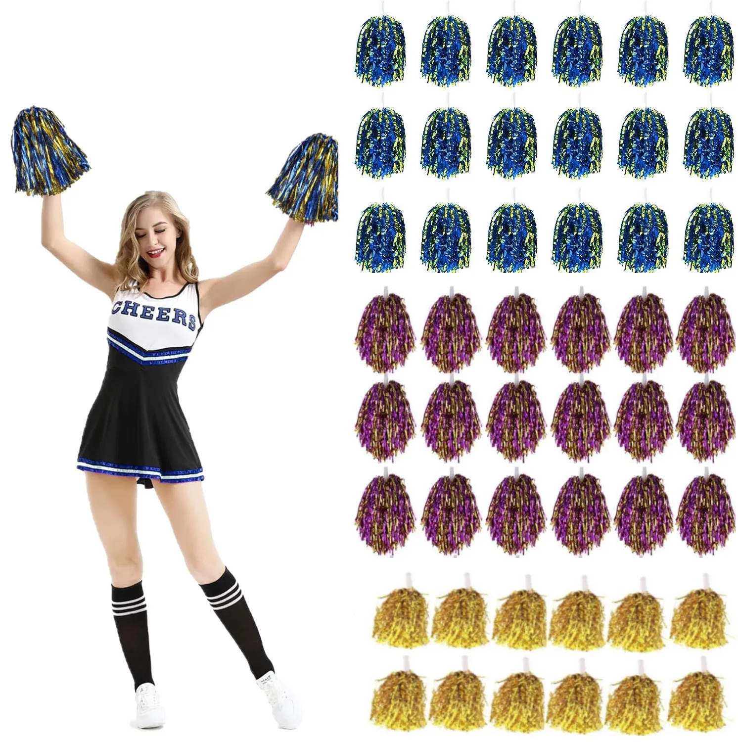 

24PCS Blue Purple Gold Cheerleading Pom Poms with Metallic Foil Plastic Baton Handle for Game Sports Squads Dancing Football