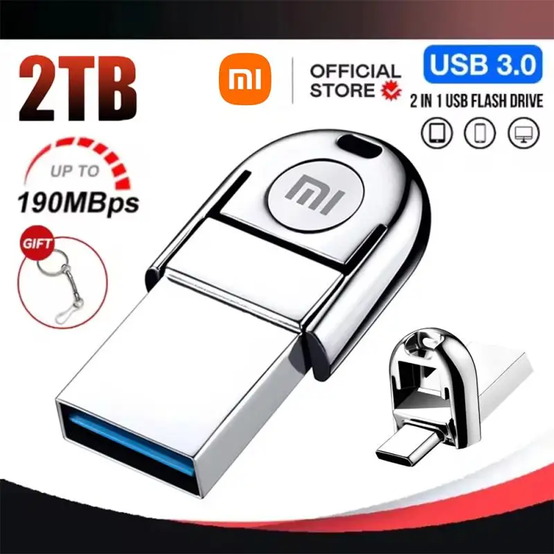 Xiaomi-2T 1T U disco Pendrive, 128GB, alta velocidade, unidade flash USB 3.0, tipo C, computador, interface dupla, memória flash de metal, telefone móvel