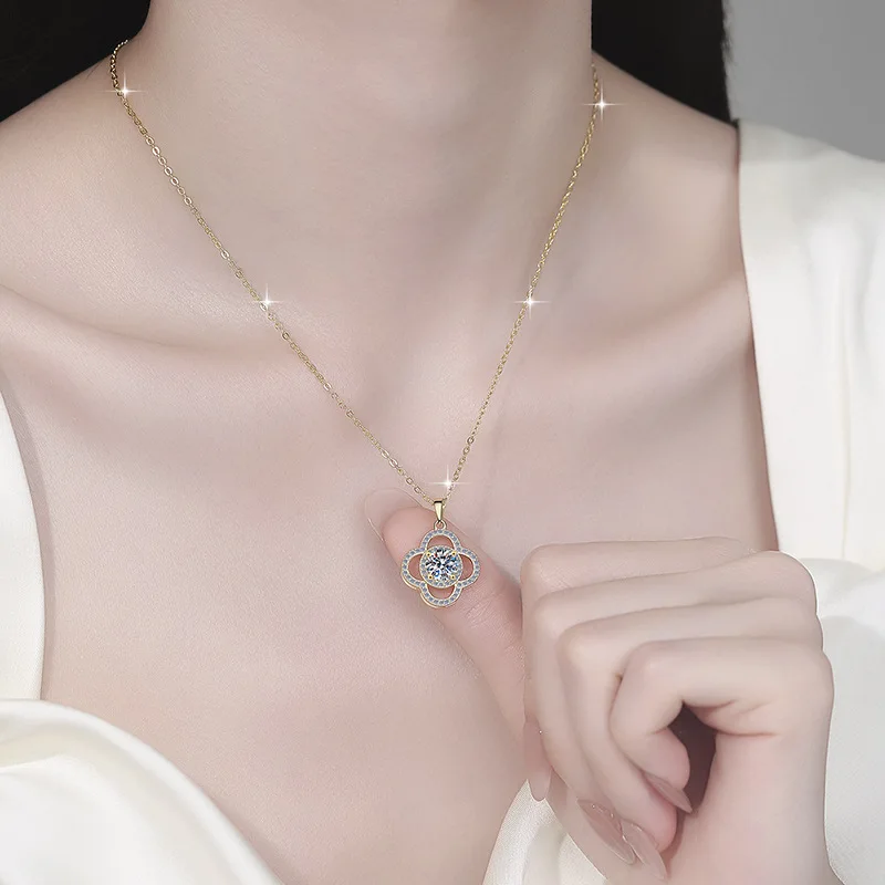 Luxury 100% Real 18k Gold Women's 1 karat D Color Mosan Diamond Clover Pendant Necklace