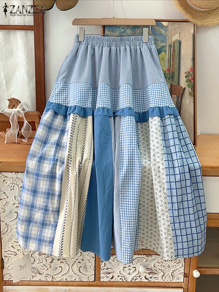

ZANZEA Mori Girl Стиль Юбки трапециевидной формы Женские клетчатые лоскутные юбки в клетку с эластичной резинкой на талии Midi Faldas Mujer 2023 Осень с рюшами и отделкой Jupes