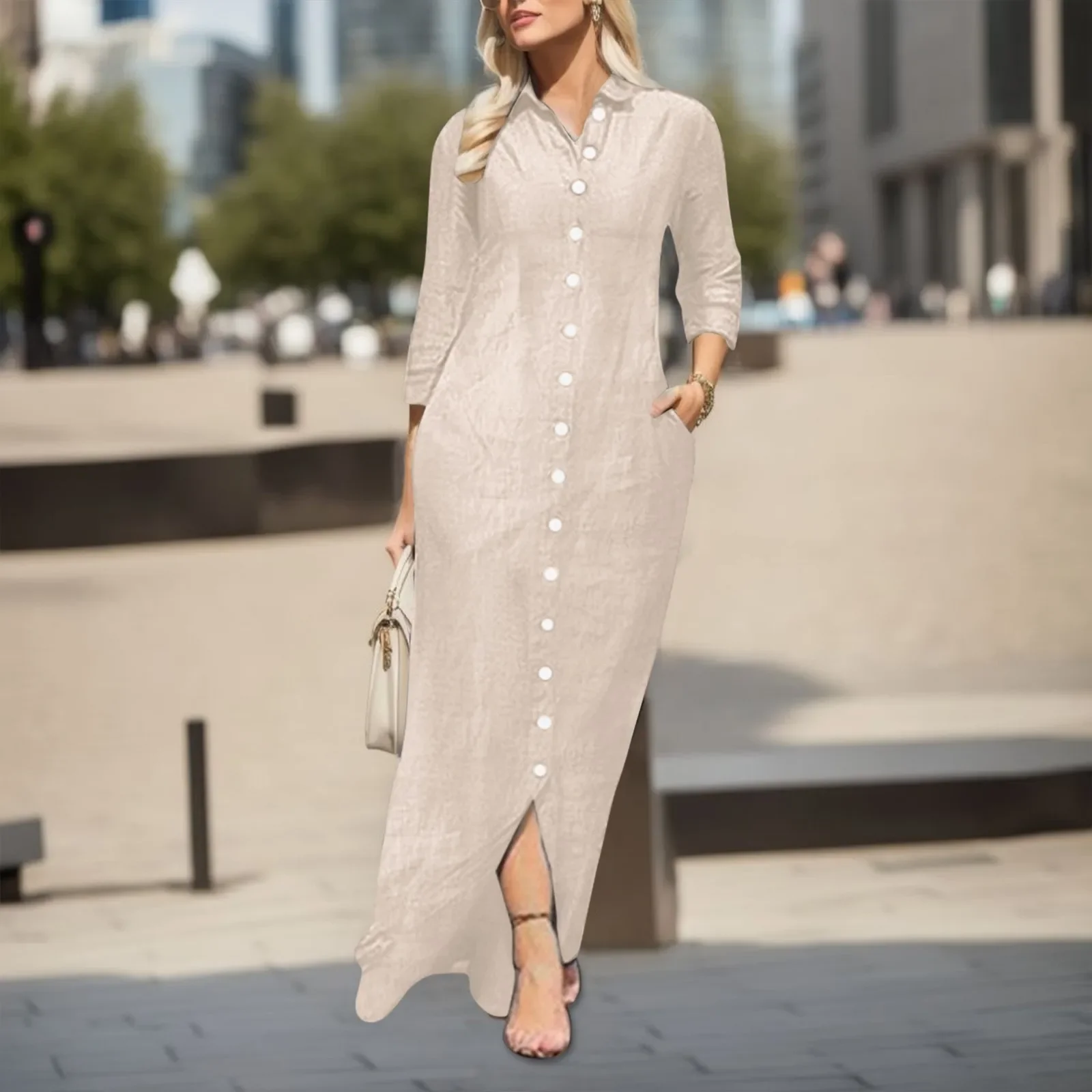 

2023 Elegant Ladies Solid Color Dress 2023 Summer New Shirt Collar Button Long Skirt Mom Skirt Dress Women Casual Wear Vestidos