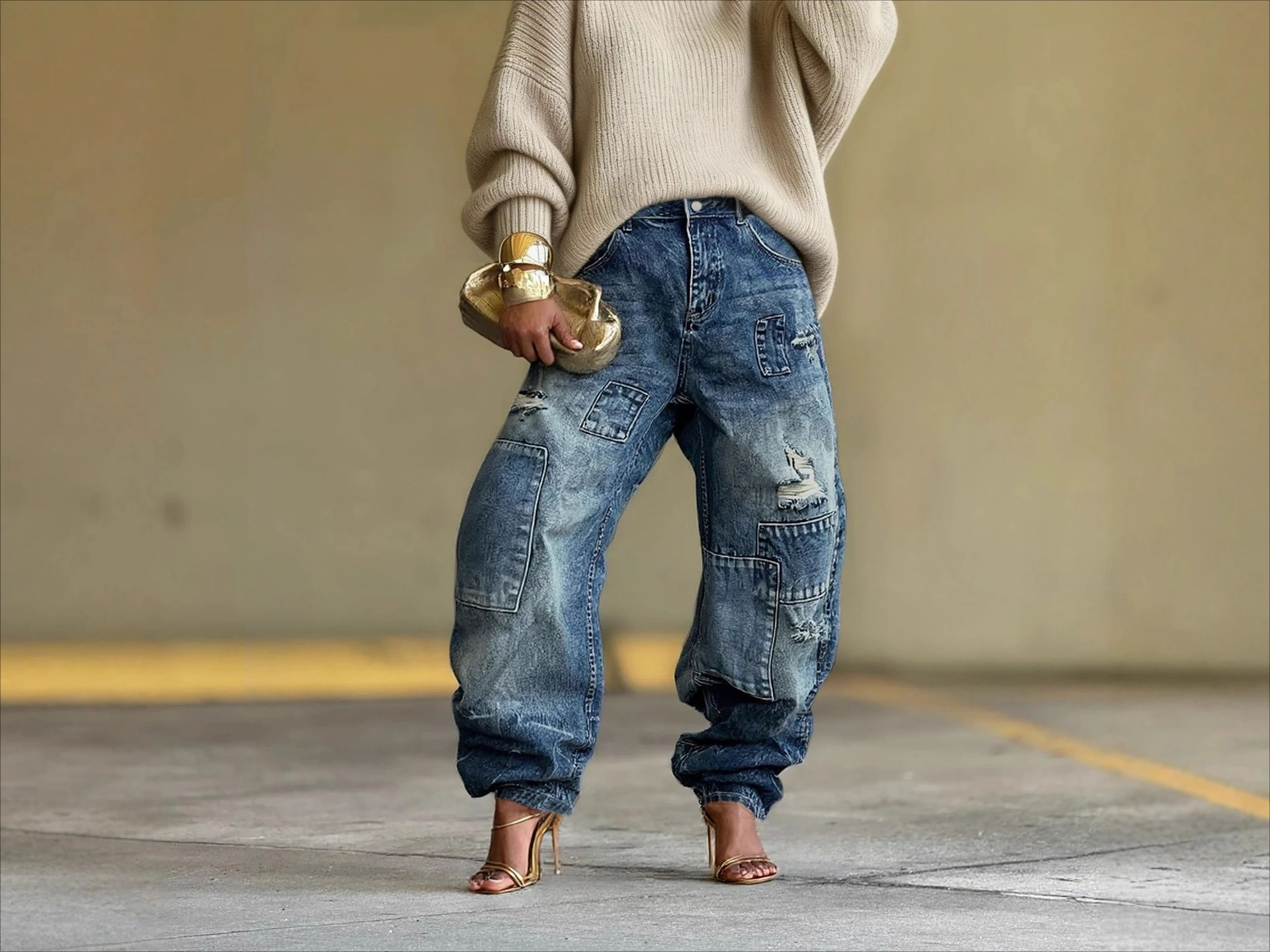 2026 Summer New Casual Fashion Ripped Patch Splicing Washed Jeans