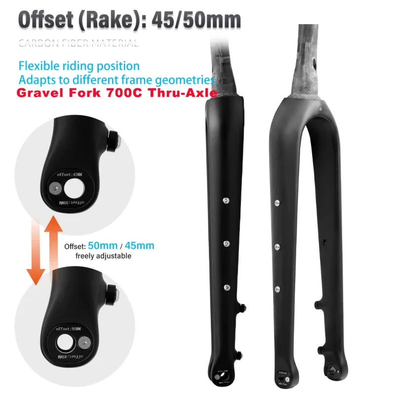 Gravel Full Carbon  Bicycle Fork 700C Thru-Axle Flat Mount Disc Brake Adjustable 45/50mm Offset Wide Tire 55C Pre-Drilled R09-FK