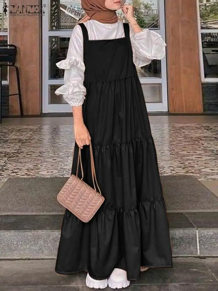 2023 ZANZEA Muslim Women Straps Dress Autumn Solid Ruffles Sundress Elegant Maxi Overalls Dresses Turkey Abaya Hijab OL Vestidos