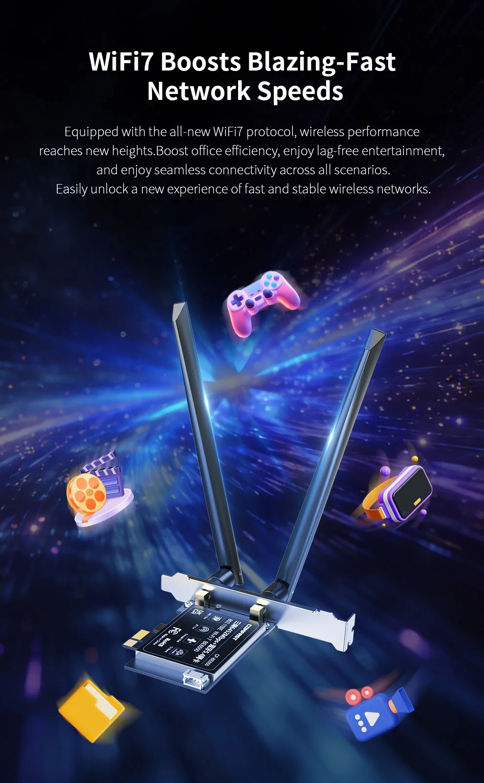 COMFAST BE6500 2.4G/5.8G/6G WiFi7 PCIe Network Card with Bluetooth 5.4 High-Speed for Gaming Office For PC/Laptop Win11