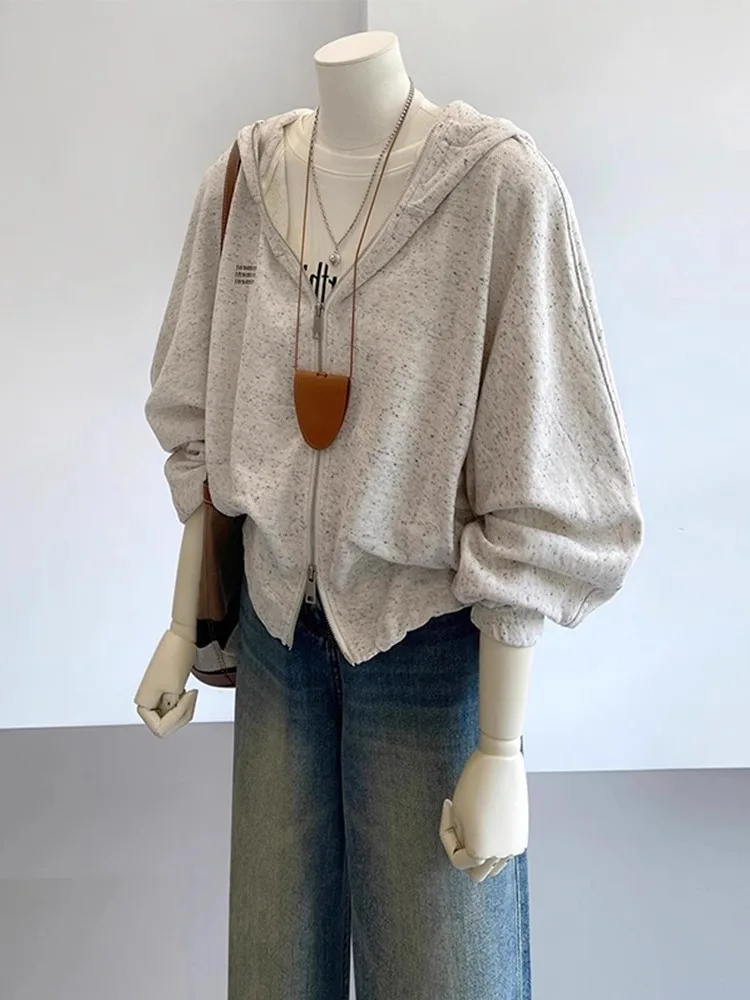 

Korean Style Women's Hooded Cardigan Sweatshirt Thin Casual Top Spring Autumn Popular Zipper Short Length Letter Pattern