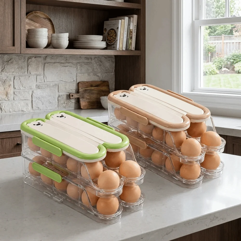 Food Grade Automatic Rolling Egg Container Transparent Stackable Large Egg Holder with Lid Space Saving Egg Storage Box