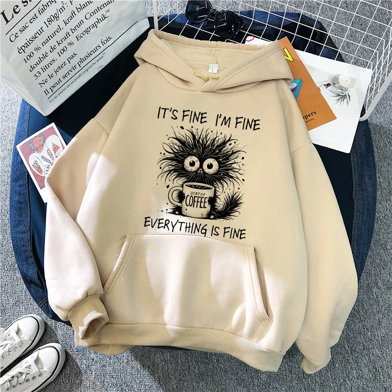 Lässige Kapuzenkleidung für Damen, Vintage-Gothic-Y2k-Sweatshirt, Pullover, skurrile Katze und Kaffee, bedruckte Kapuzenpullover mit Kängurutasche