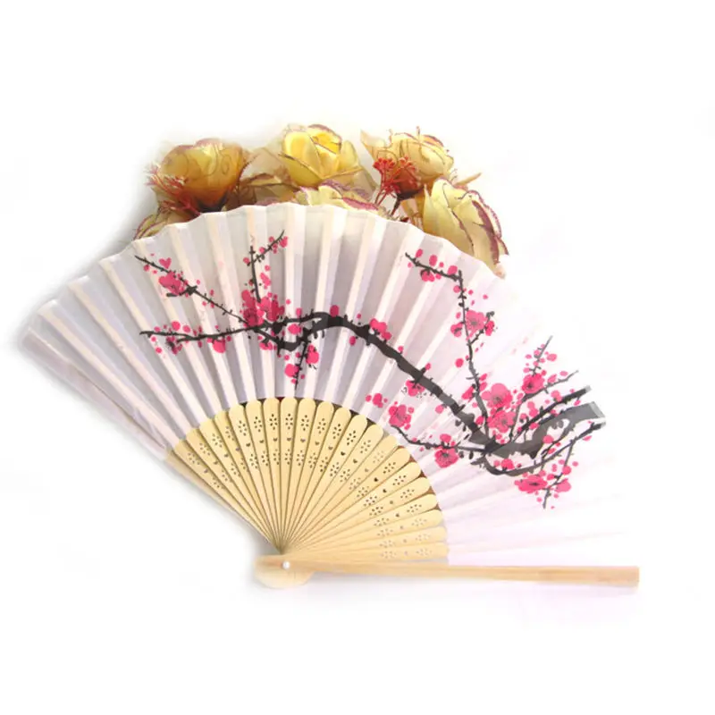 Classical Cherry Blossom Print Folding Hand Fans Flower Print Vintage Fan White Polyester Fans Summer Chirdren Girls Dancing Fan