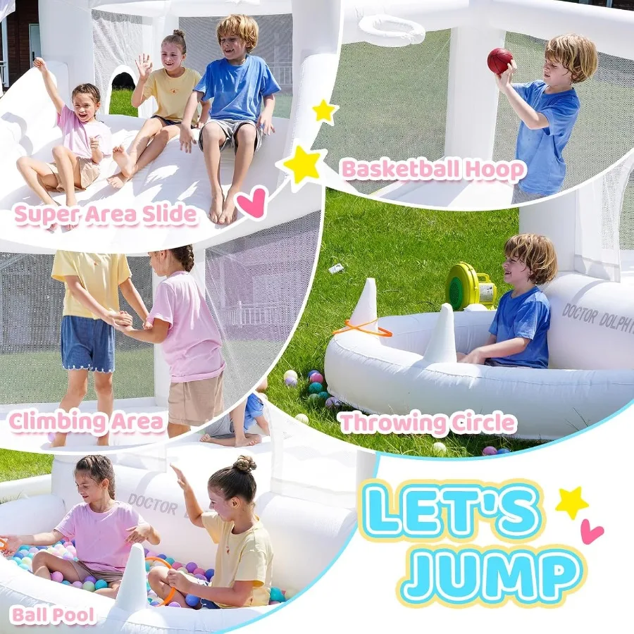 Weißes aufblasbares Hüpfhaus für Kinder im Alter von 3 bis 6 Jahren mit Bällebadern und integriertem Gebläse. Ideal Springburg für den Innen- und Außenbereich für die Geburt