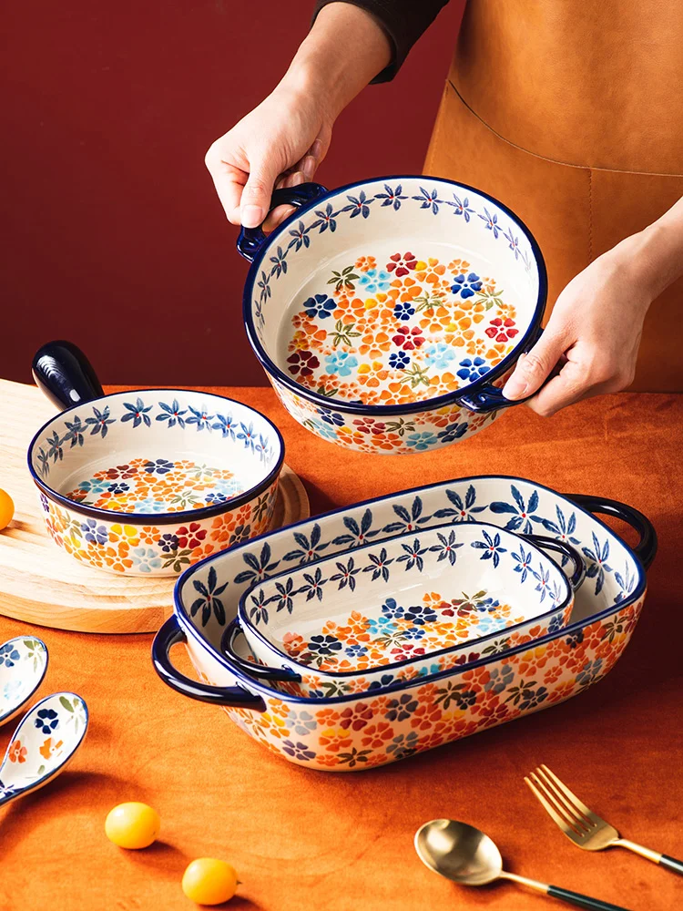 

Round Baking Bowls Plates Floral Printed Under Glazed Home Kitchen Oven Bakeware Sets Europe Style Double Ears Noodles Bowl