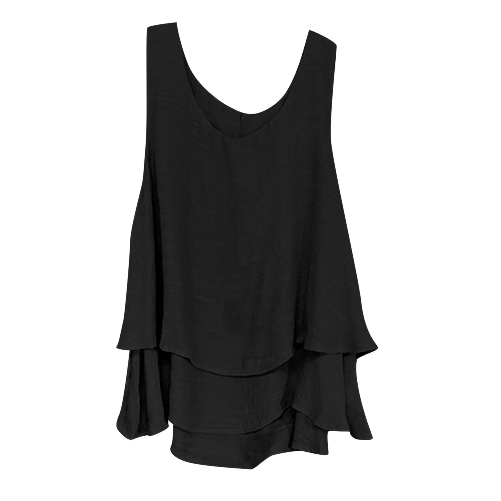 Casual Solid Color Ruffle Layered Sleeveless Tank Tops For Girls Summer Loose High Street Scoop Round Neck Shirts Vest Top