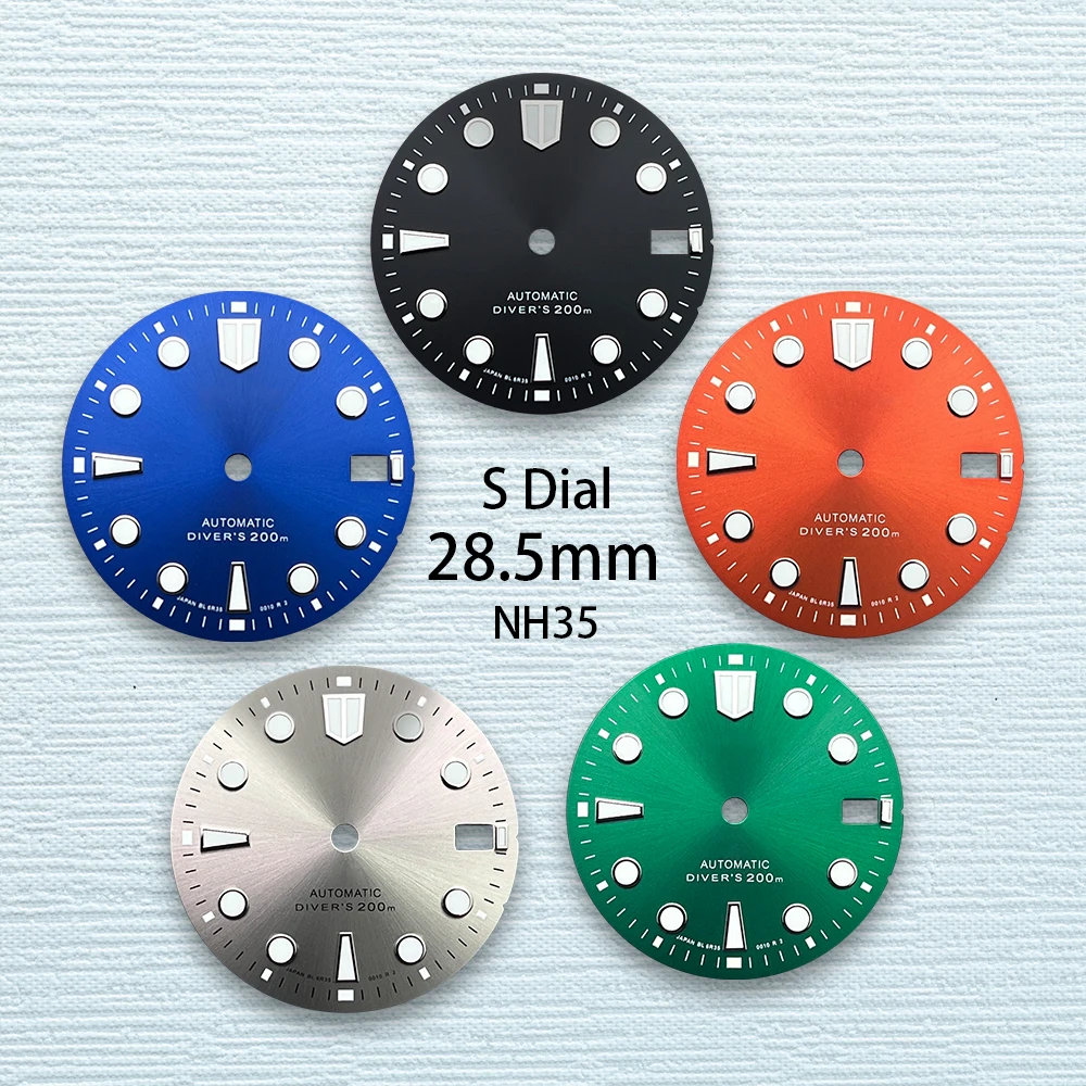 

28.5mm S Logo NH35 Sunray Dial Suitable For NH35/NH36/4R/7S Movement High Quality NH35 Modificat Accessories C3 Green Luminous