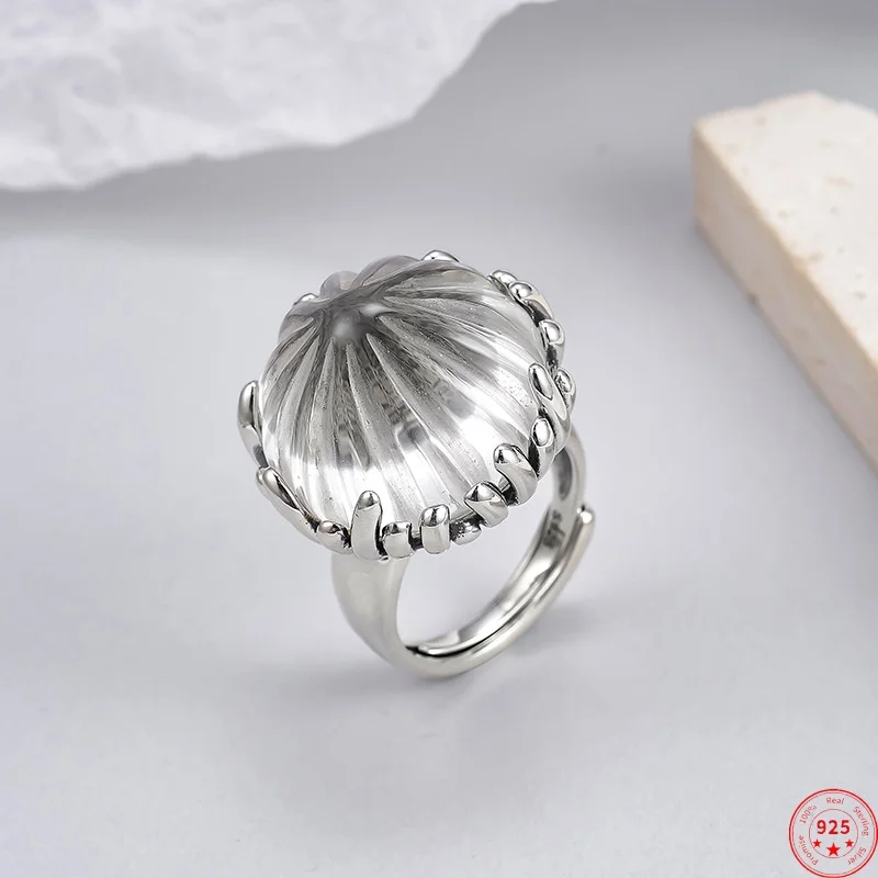 

S925 Sterling Silver Charm Rings for Women Men Palace Style Striped Geometric Pattern Rock Crystal Fashion Jewelry Wholesale