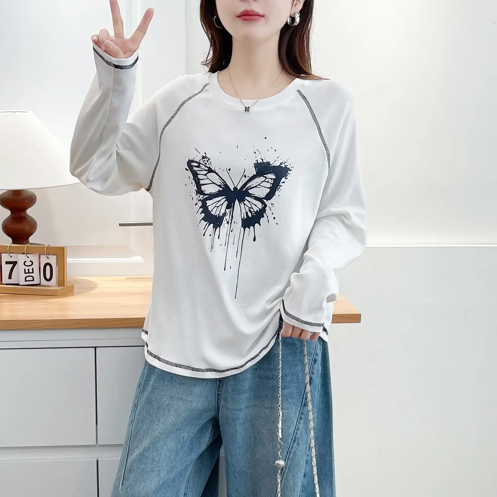 

XXXXL модная женская футболка больших размеров, осенний новый стиль, стильный яркий топ с длинными рукавами и принтом бабочки 2510