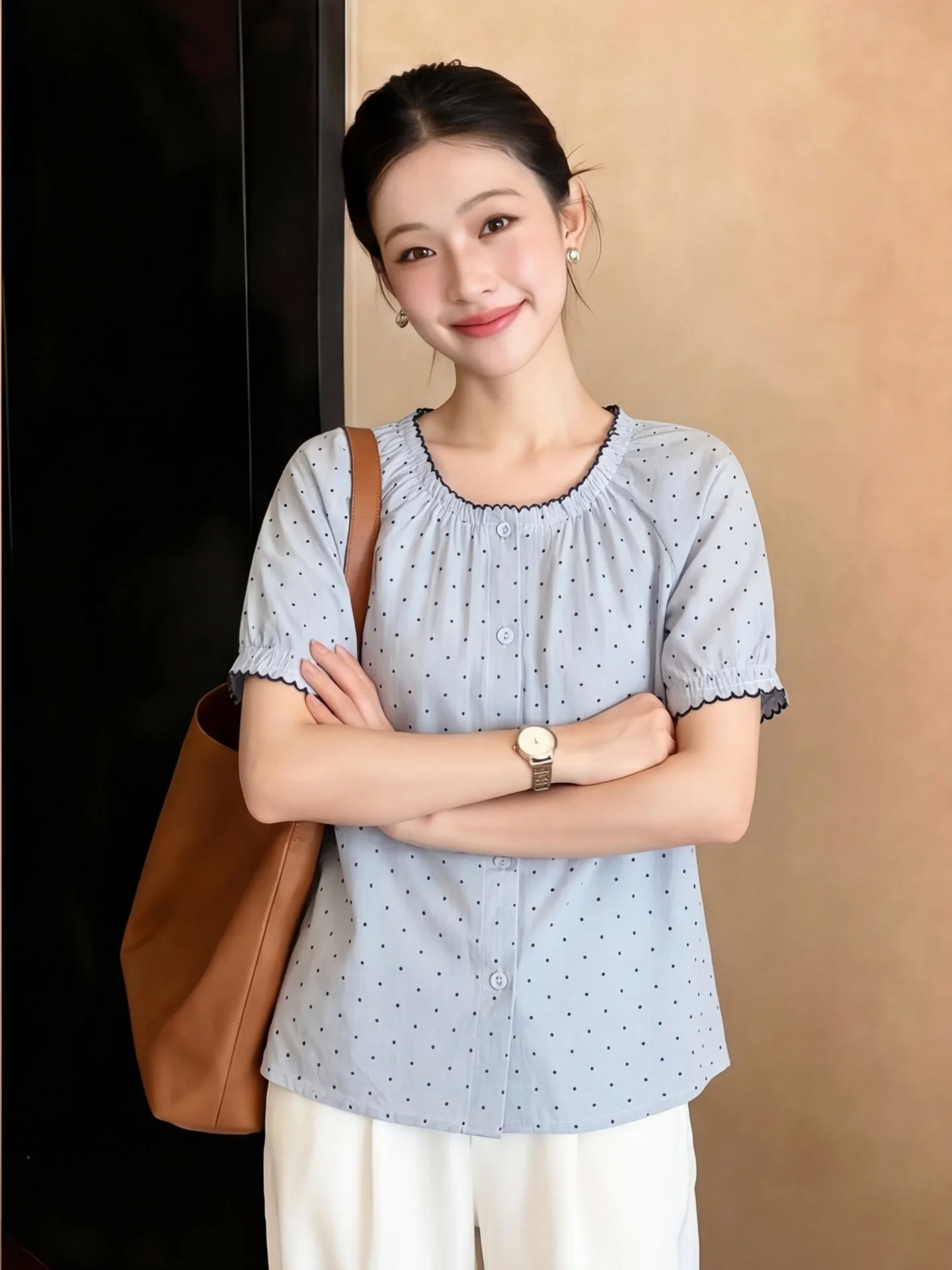 

Summer Slimming Unique Loose Polka Dot Short Sleeve Shirt Women's Korean Style Ear Flower Lace Hemline Open Cardigan