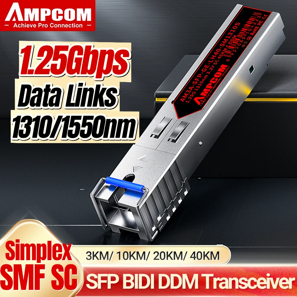 

AMPCOM 1.25G SFP Transceiver Module 1000BASE-BX BiDi SFP to SC Simplex SMF 1550nm-TX/1310nm-RX DOM 3 10 20 40km