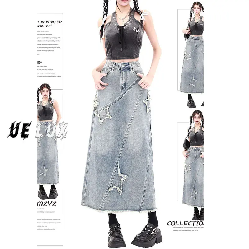 

2025 Winter New Retro Fringed Denim Skirt Women High Waisted Slimming A Line Long Dress High End All Cotton Skirts Female