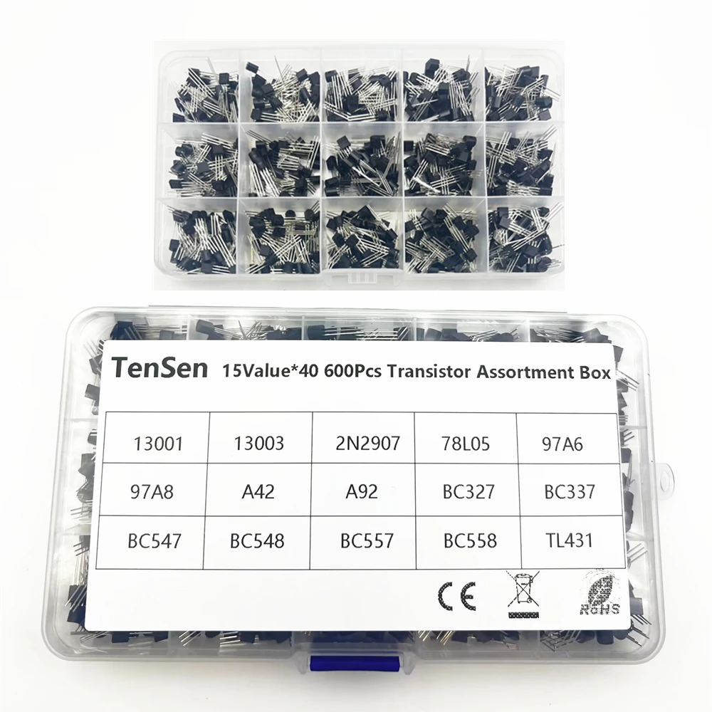 600Pcs TO-92 Transistor Kit assortment box 13001 13003 TL431 2N2907 78L05 BC327 BC337 BC558 97A8 PNP/NPN Triode electronics Kit