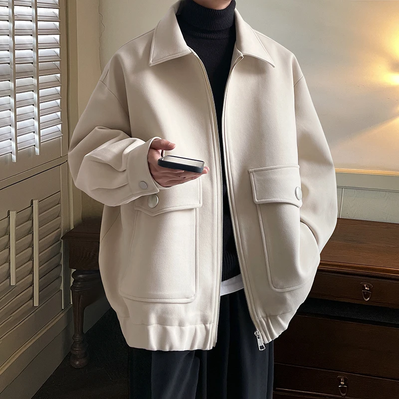 

Autumn Winter Men's ort Woolen Jaet Loose Fit Casual Turn-down Collar Color Korean Sle Faion Outerwear Coat