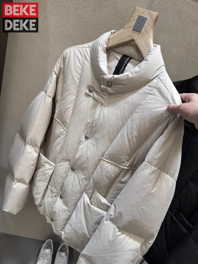 

Зимняя мужская толстая теплая белая куртка на утином пуху с воротником-стойкой, ветровка большого размера, однобортное пальто свободного покроя, повседневная верхняя одежда
