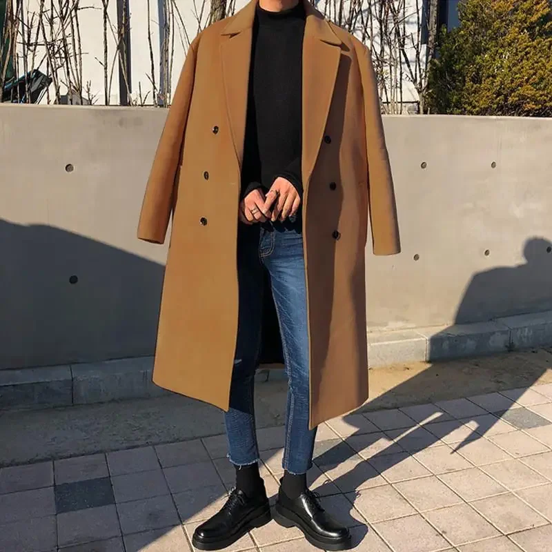 

Autumn Winter Woolen Mid-length Windbreaker Men's Thickened Loose Casual High Street Coat Windbreakers Jacket Male Clothes