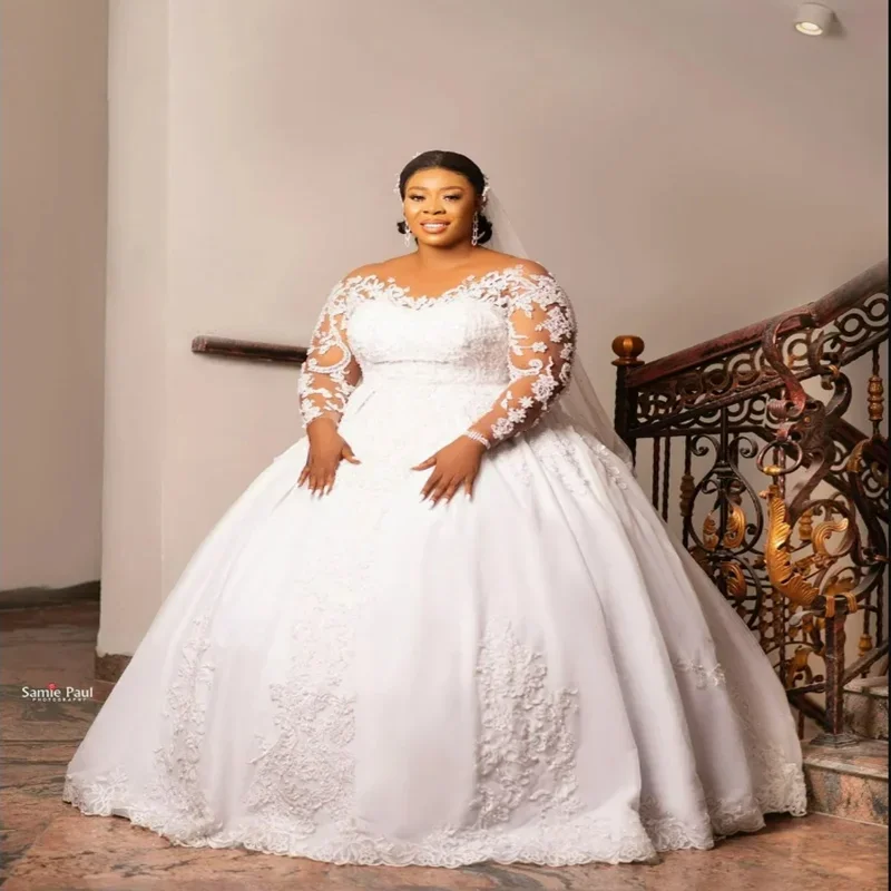 カスタムメイドのシアーネックアップリケビーズウェディングドレス、ベスティドス・デ・ノビア、コートトレーン、ロングスリーブ、プラスサイズ、ボールガウン、ブライダルガウン