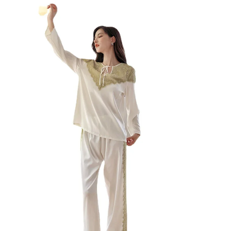 SXTHAENOO Fashion Loose Lace Sleepwear Long Sleeve Clothes Homewear Cute Pajamas for Women Warm Spring Green White Pajama Sets