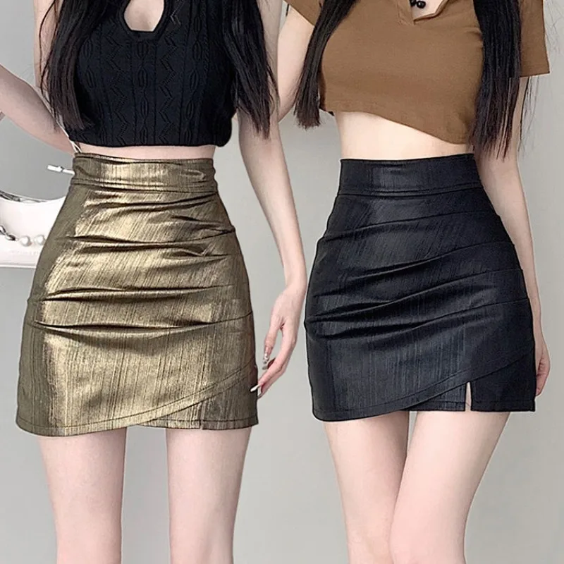 Side-slit Sexy Skirts Women Temperament Office Ladies A-line Elegant Fashion Shirring Casual Clubwear High Waist Korean Faldas