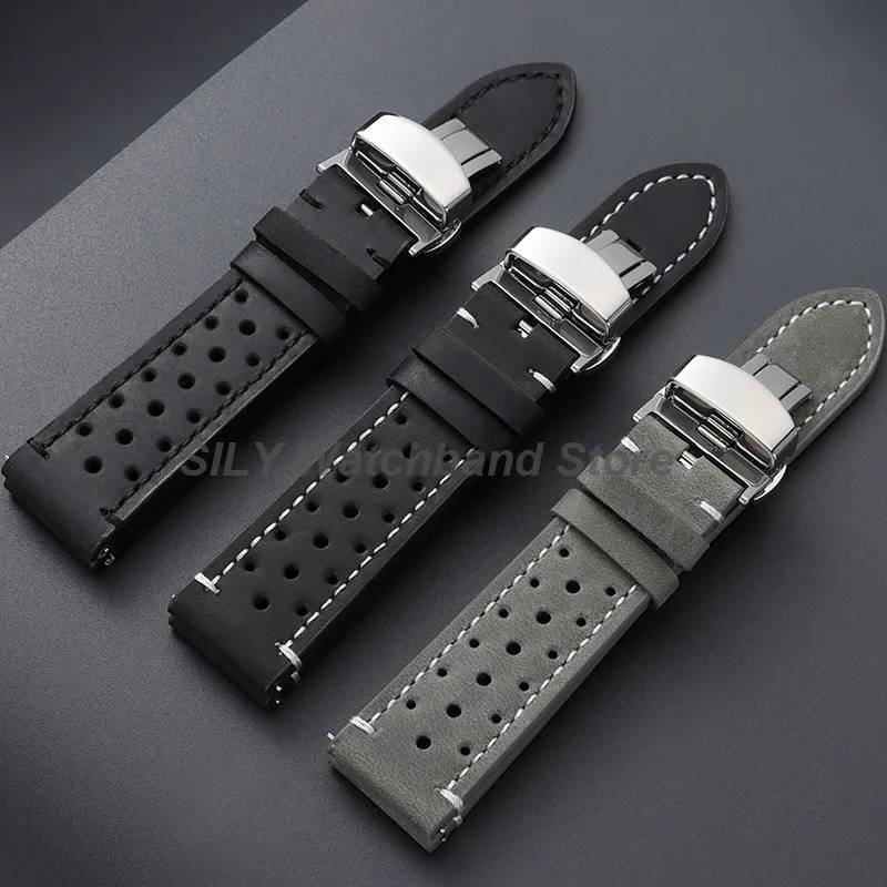 Vintage Handmade Leather Watch Band 18/19/20/21/22/24mm Quick Release Breathable Strap Replacement Band Butterfly Clasp Bracelet