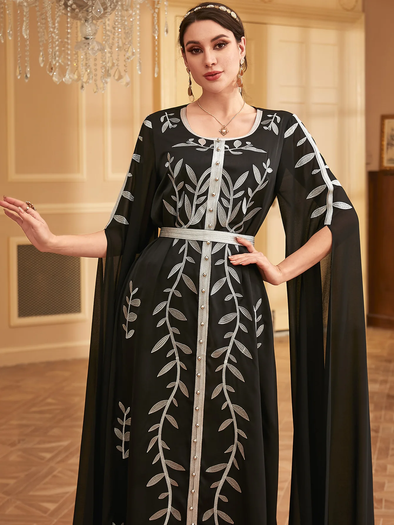 Djellaba Marocain Muslim Dress Eid Bead Embroidery Belted Kaftan Ramadan Gown Abayas Islamic Turkish Women Jalabiya Dubai Abaya